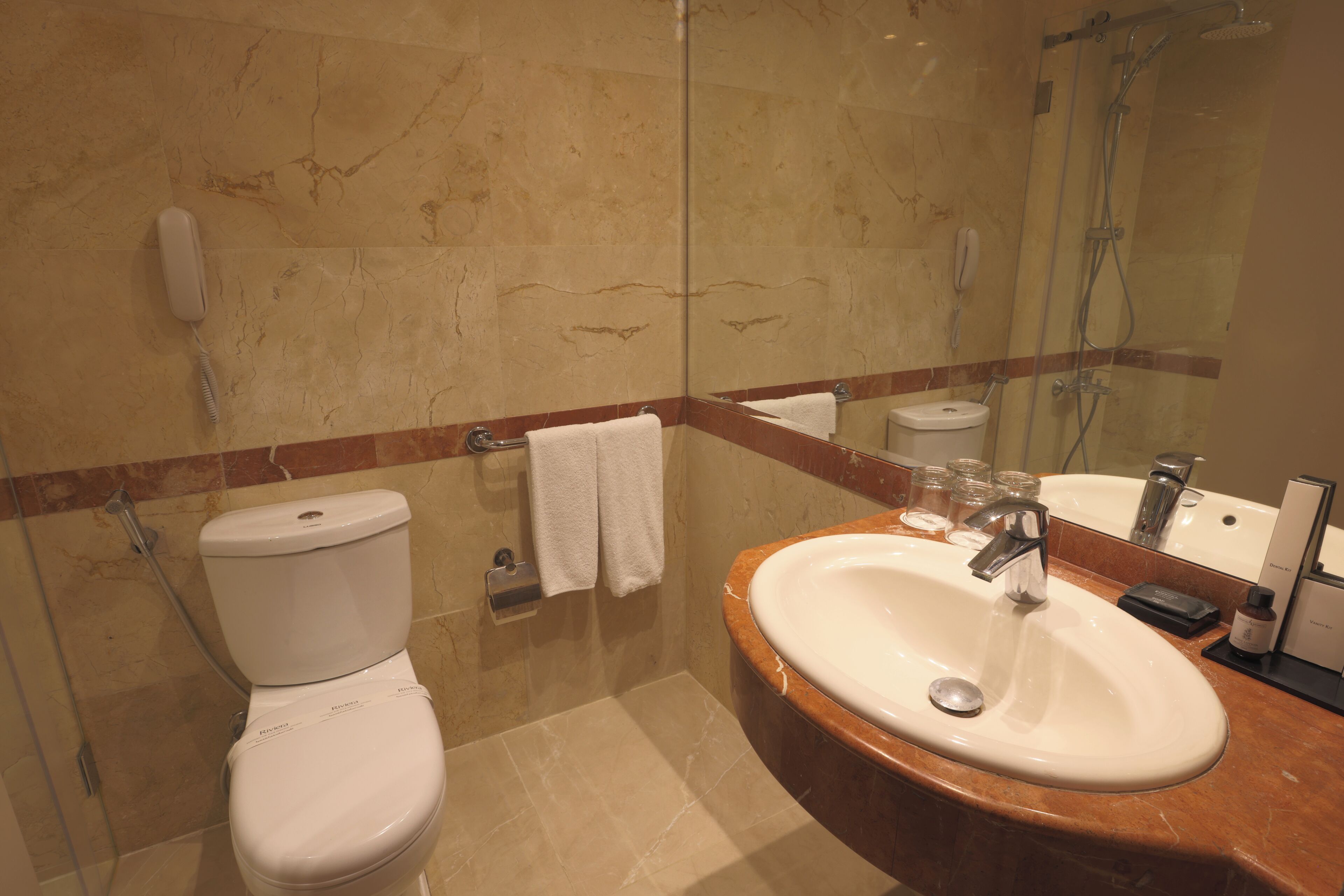 Un baño con inodoro, lavamanos y ducha.