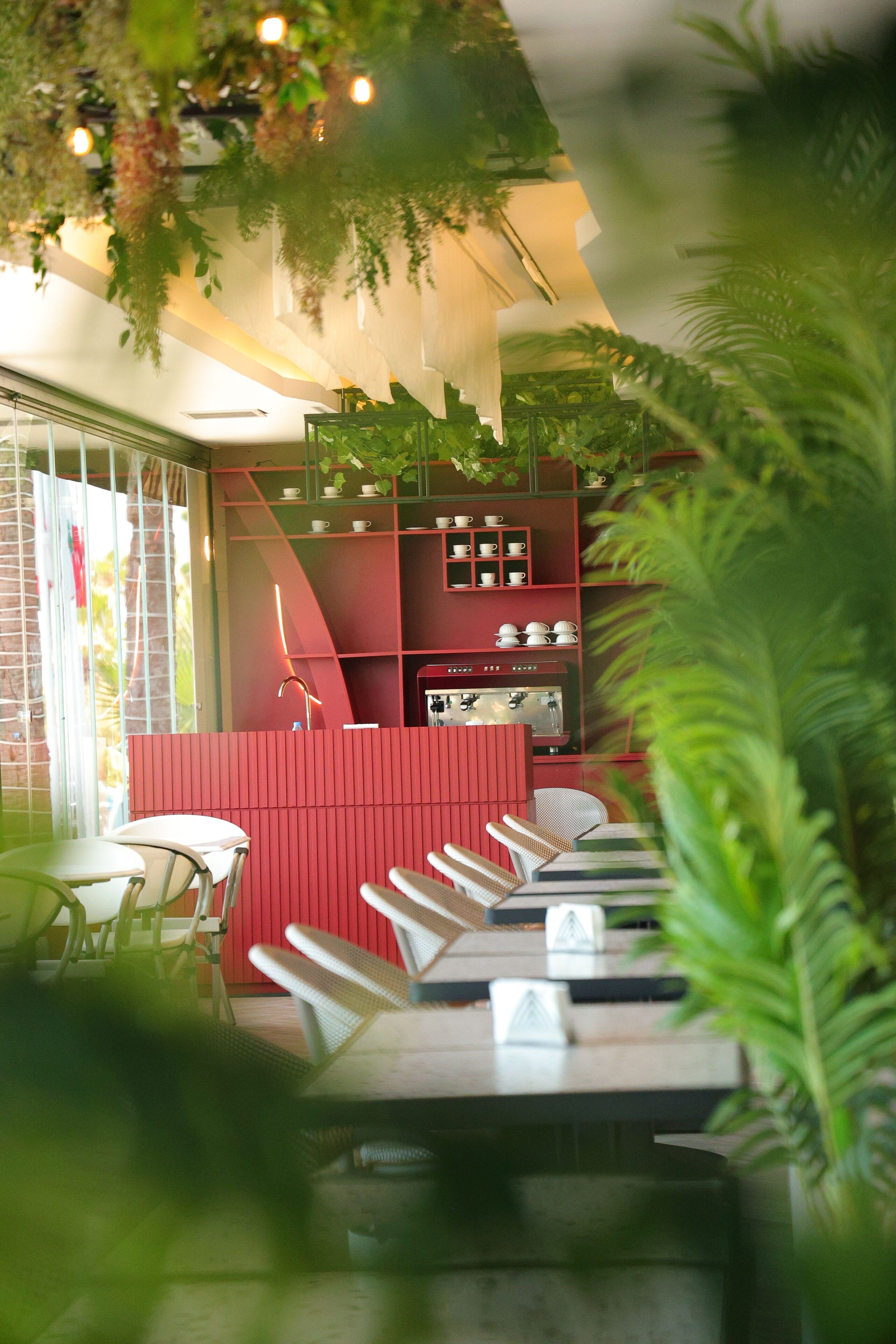 A modern indoor space with seating arrangements, a coffee machine, and shelves with cups.