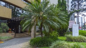 Entrada de hotel con una palmera, un cartel que indica una zona de estacionamiento y un restaurante.