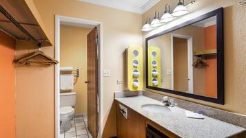 Hair dryer, towels, shampoo