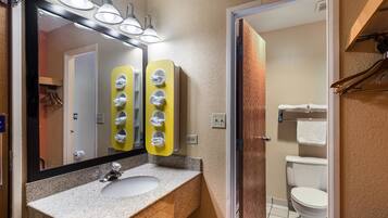 Hair dryer, towels, shampoo