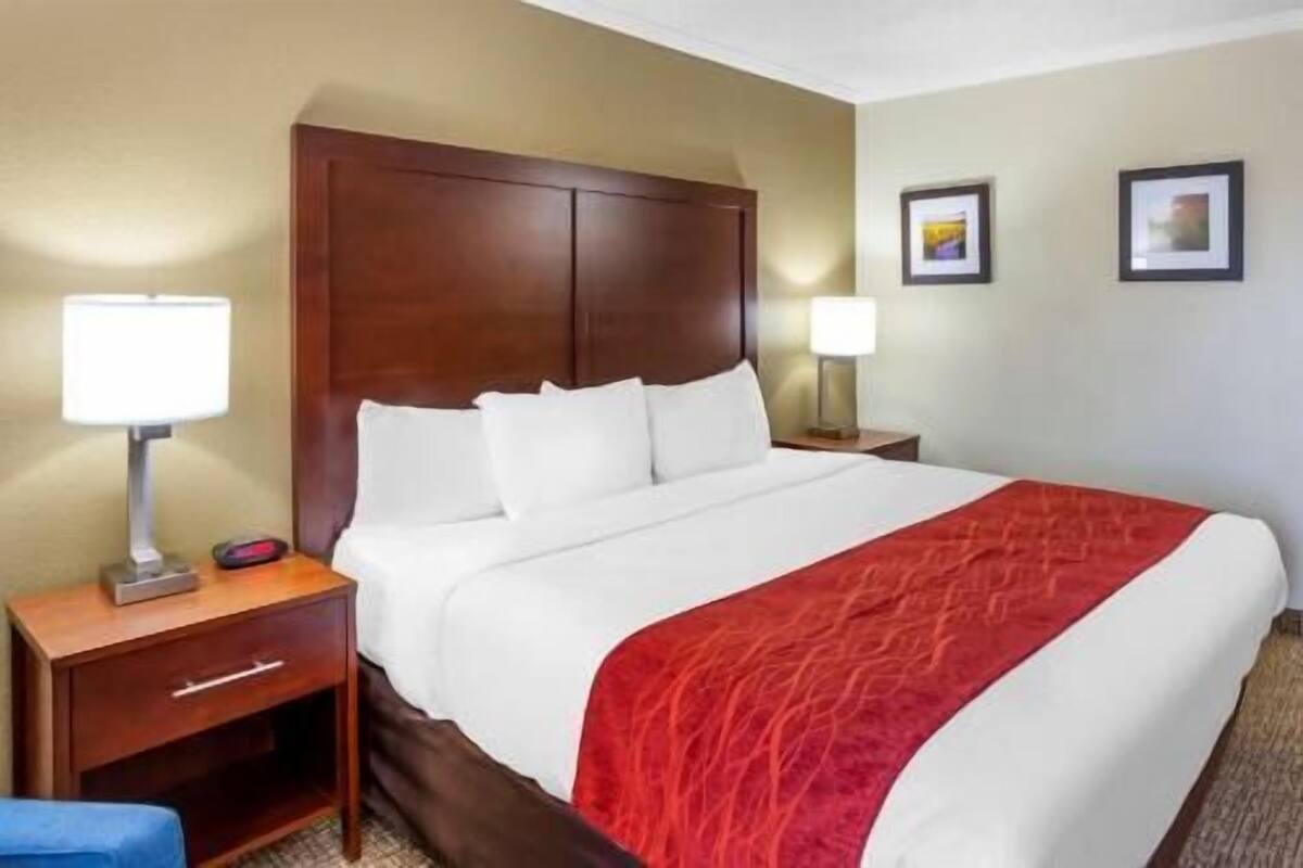Habitación de hotel con una cama grande, cabecero de madera, dos mesitas de noche con lámparas y una manta roja.