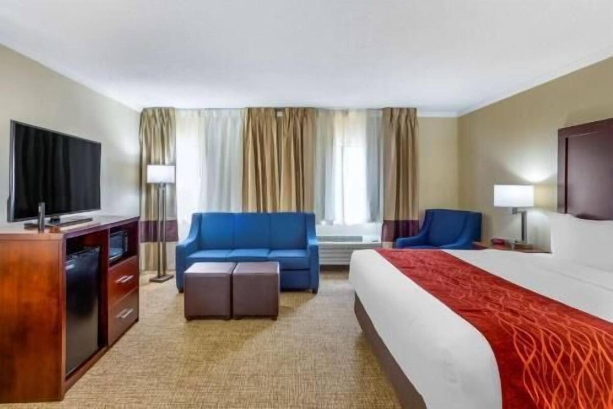 Habitación de hotel con cama, sofá azul, escritorio con televisor y ventana con cortinas.