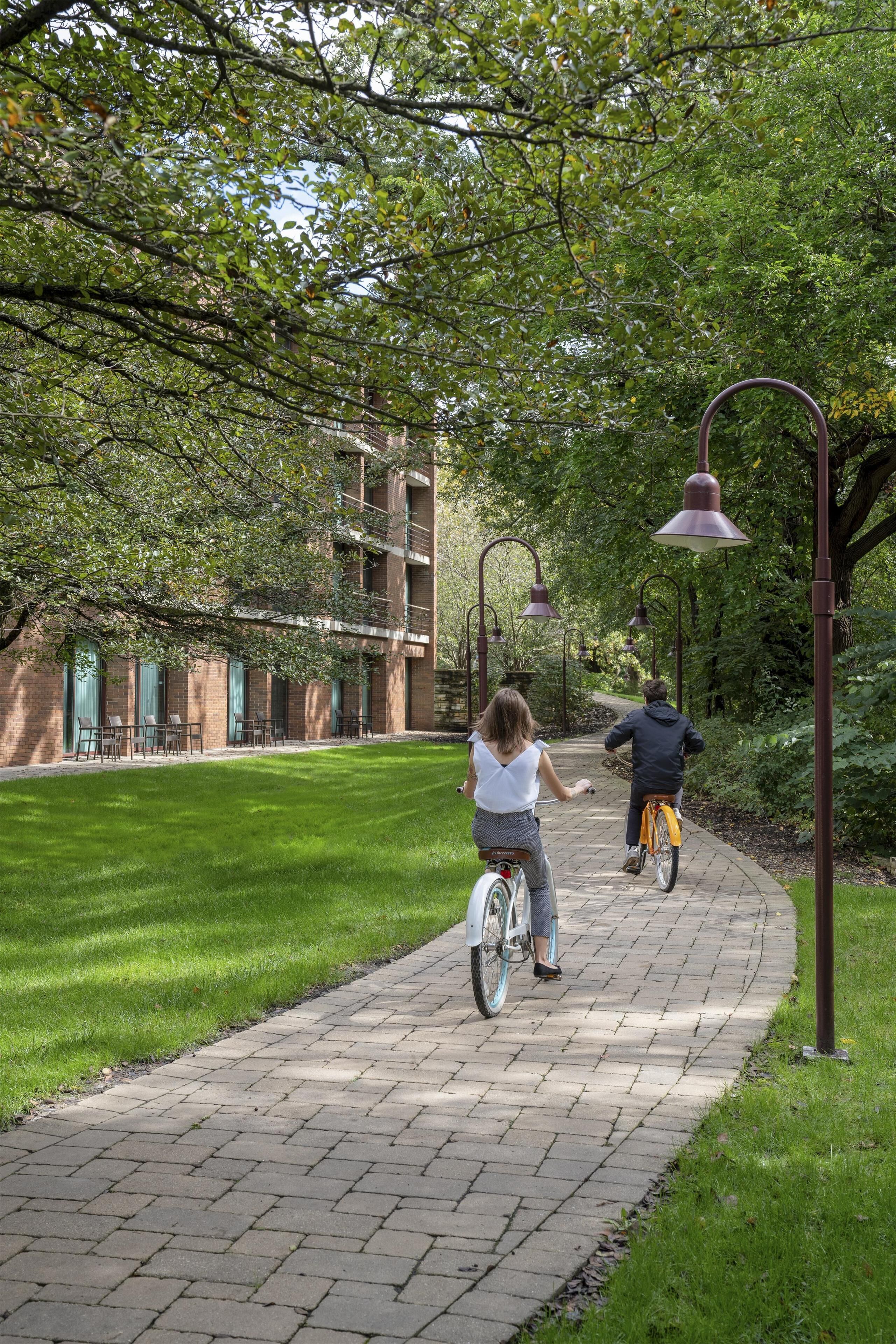 A paved pathway with a brick building in the background, surrounded by greenery.