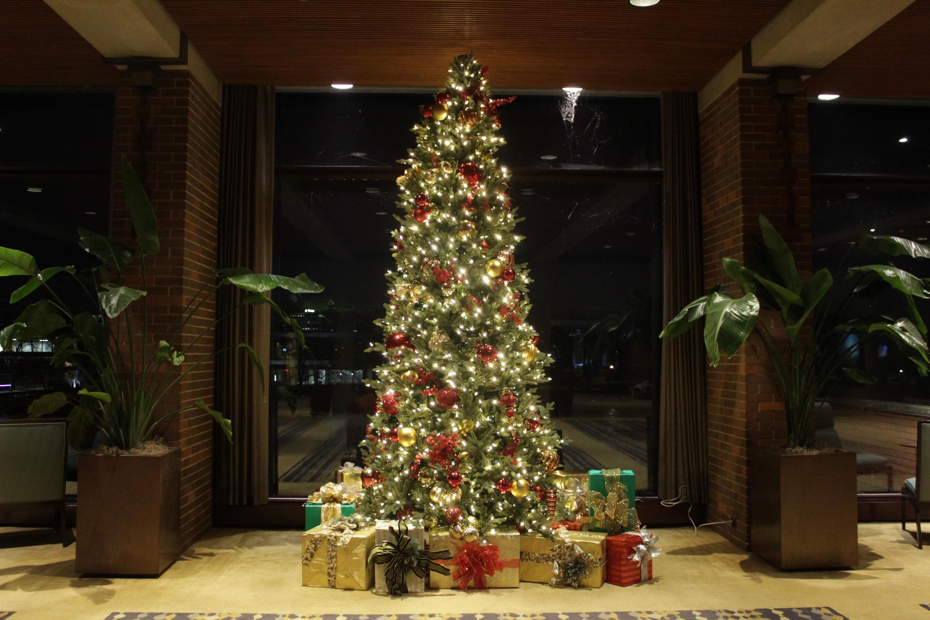 A Christmas tree with gifts in a lobby area with brick walls and large windows.
