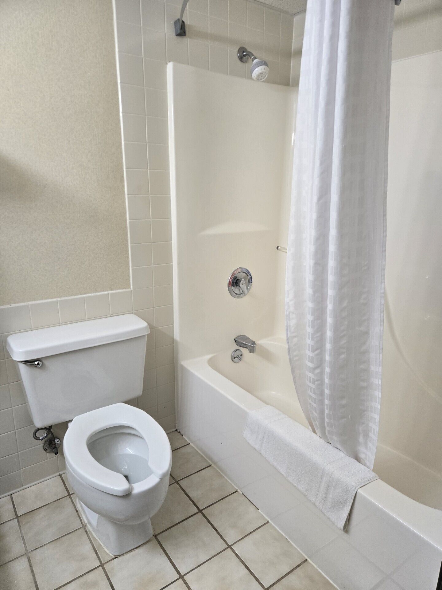 A bathroom with a toilet, a bathtub, and a shower.