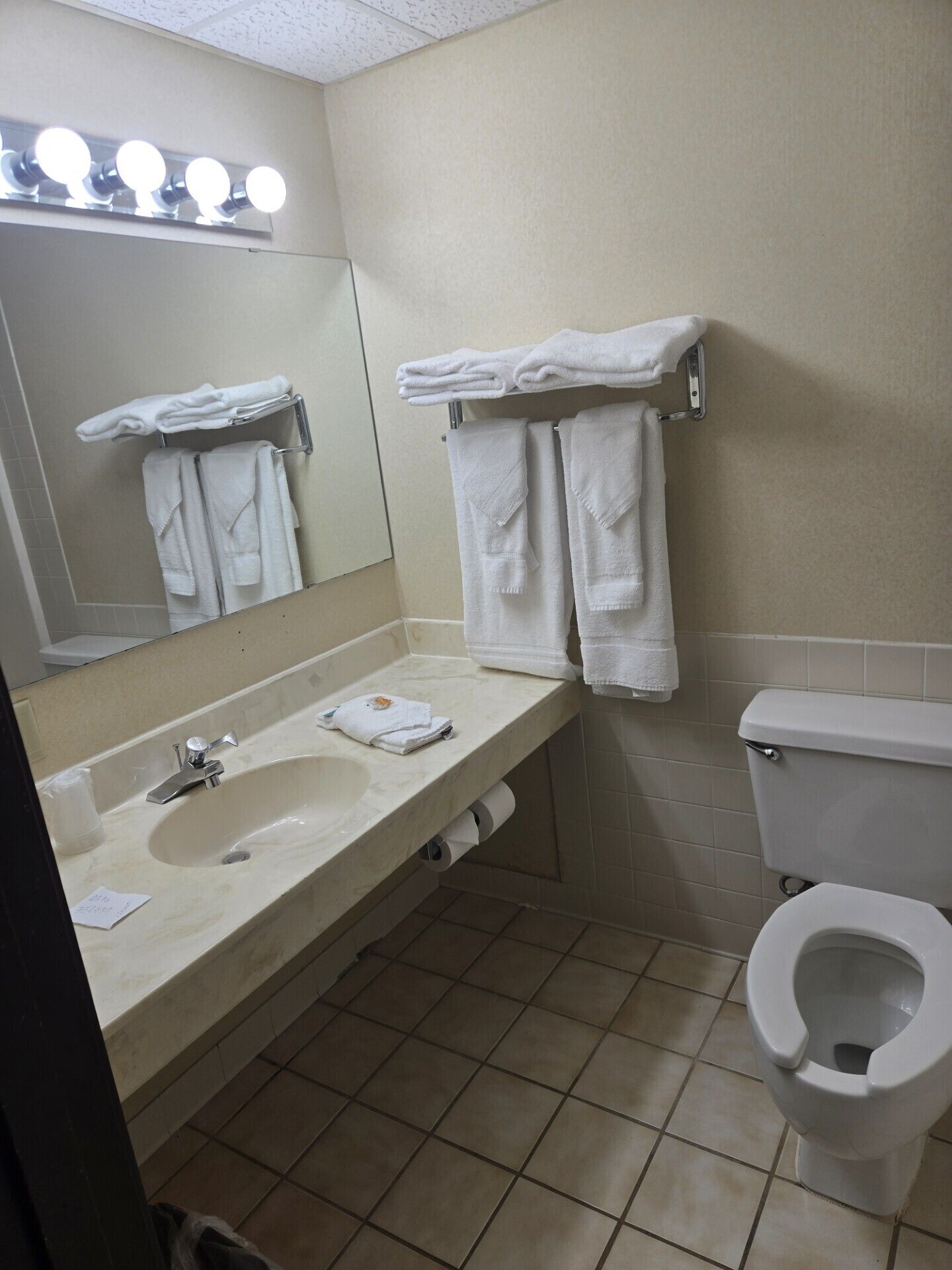 Un baño con lavamanos, espejo, toallero, inodoro y un rollo de papel higiénico.
