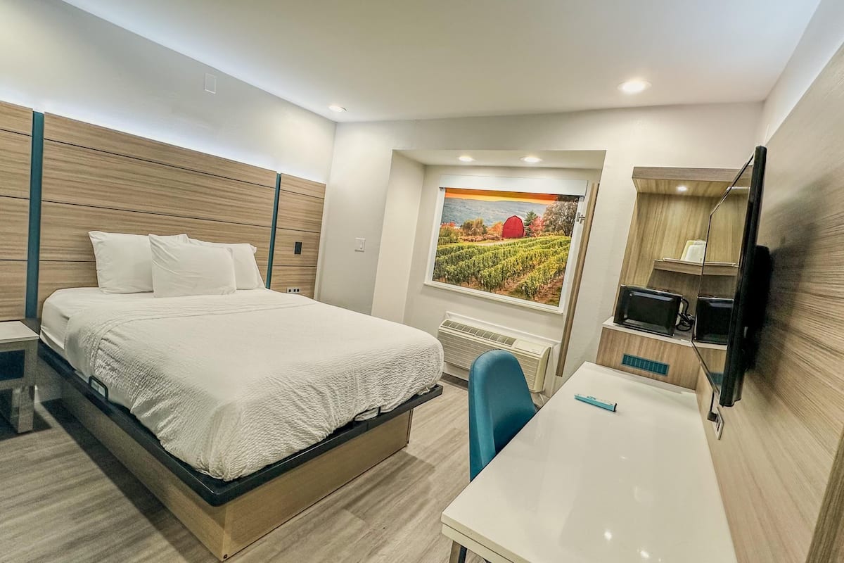 A hotel room with a bed, a desk, a chair, a TV, and a painting of a vineyard.