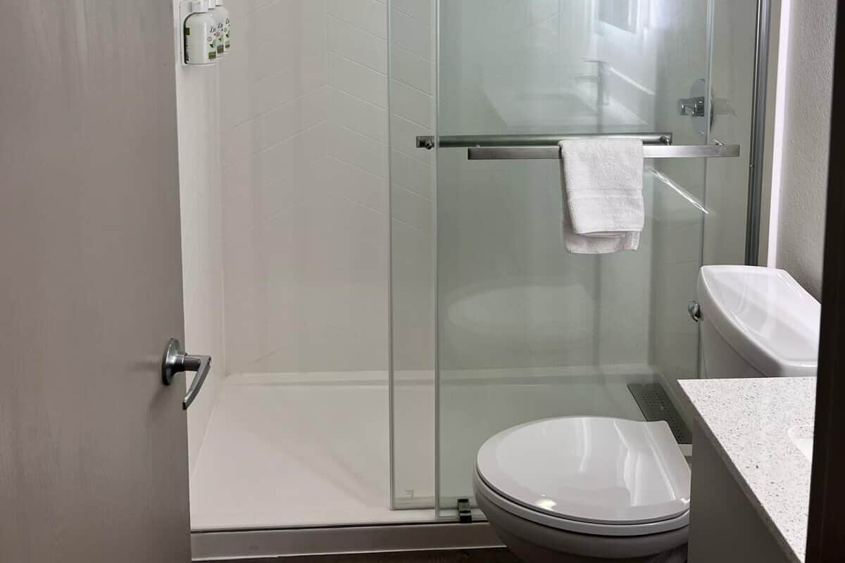 Hair dryer, towels, soap, shampoo