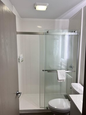 Hair dryer, towels, soap, shampoo
