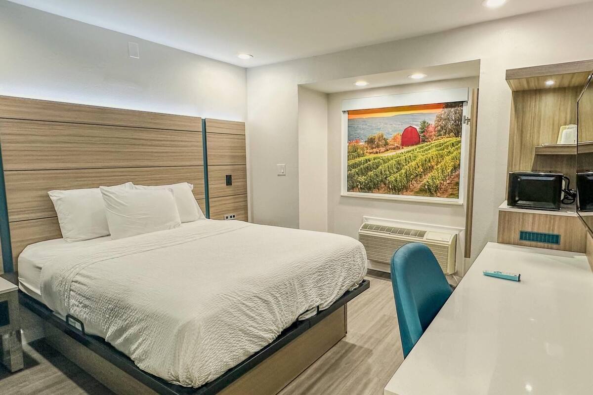 A modern hotel room with a large bed, a desk, a chair, and a painting of a vineyard.