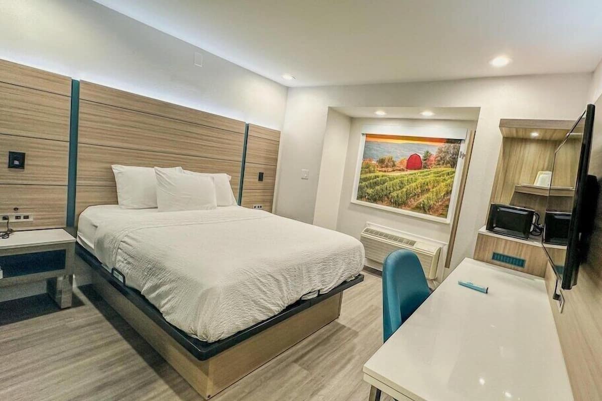 A modern hotel room with a bed, a desk, a chair, a TV, and a painting of a vineyard.