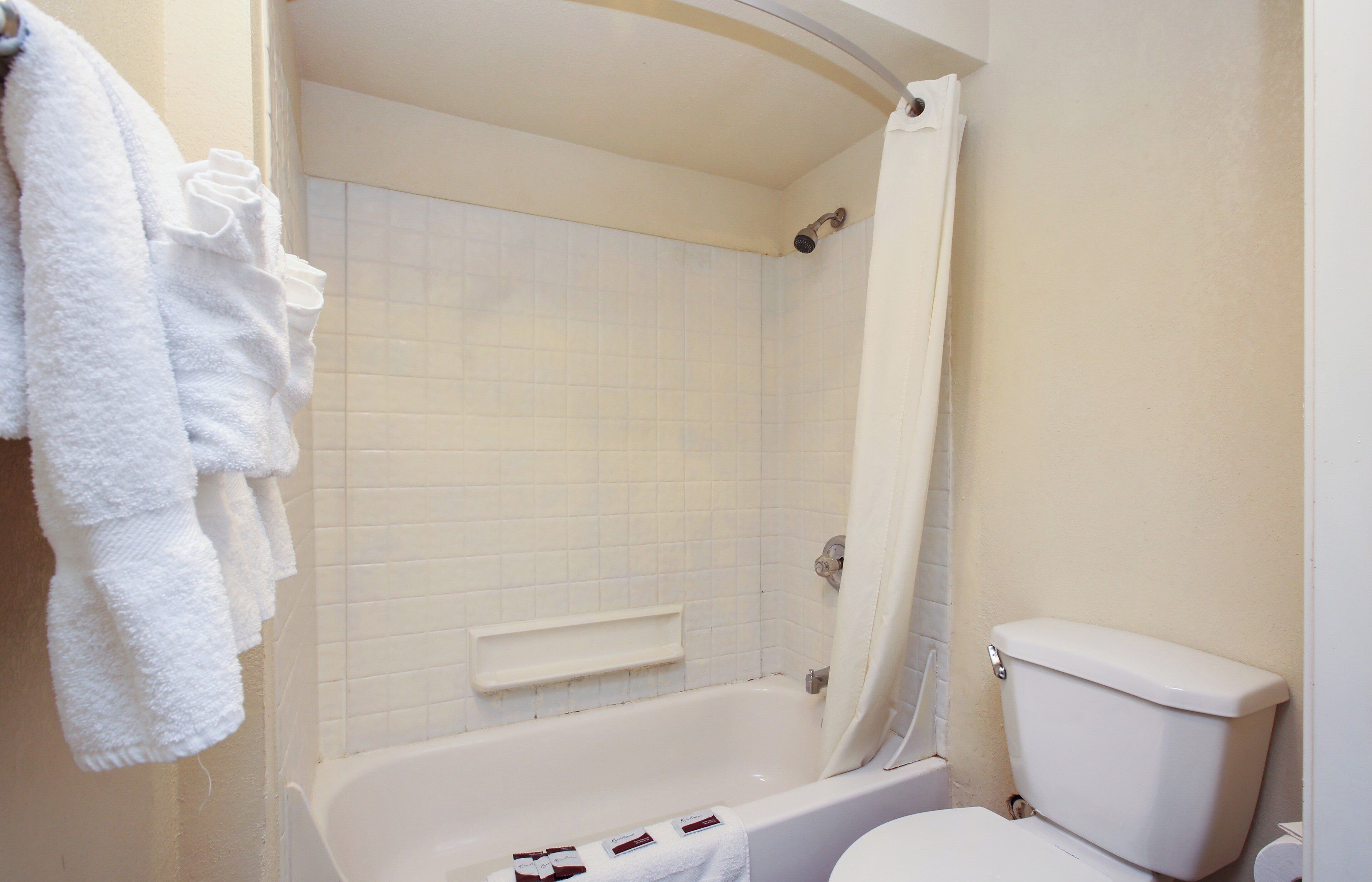 A bathroom with a bathtub, a toilet, and a shower curtain.
