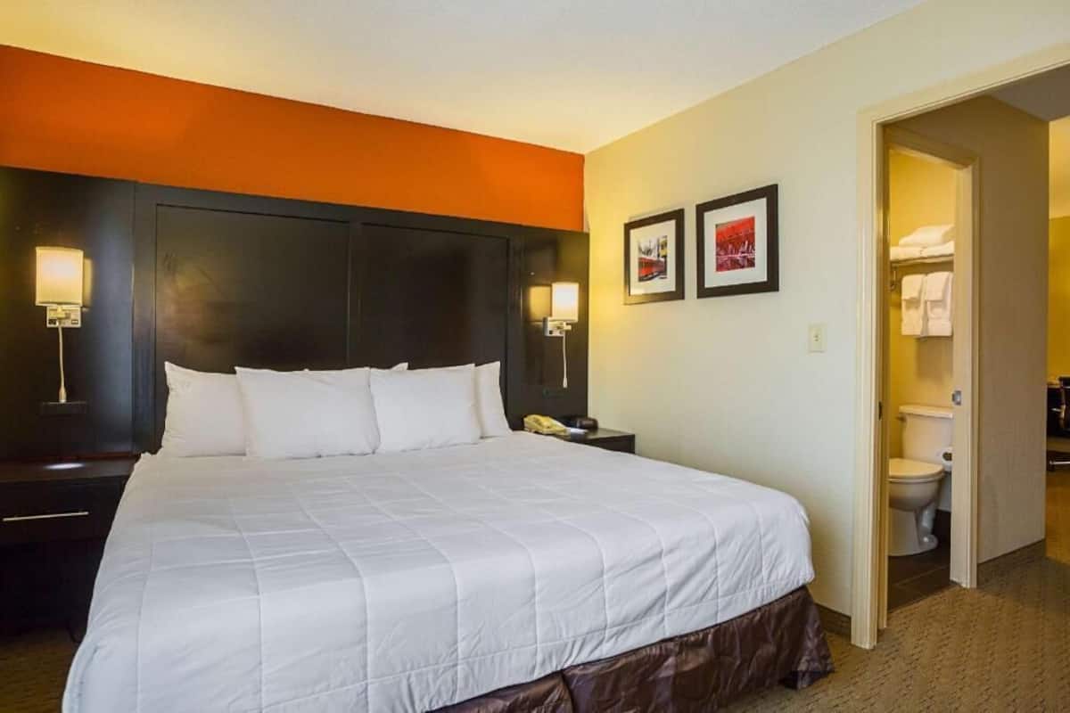 Habitación de hotel con una cama grande, lámparas de noche, cabecero, televisor montado en la pared y una puerta que da a un baño.
