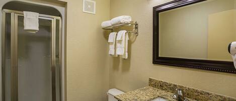 A bathroom with a glass-enclosed shower, a toilet, a sink with a granite countertop, and a mirror above the sink.