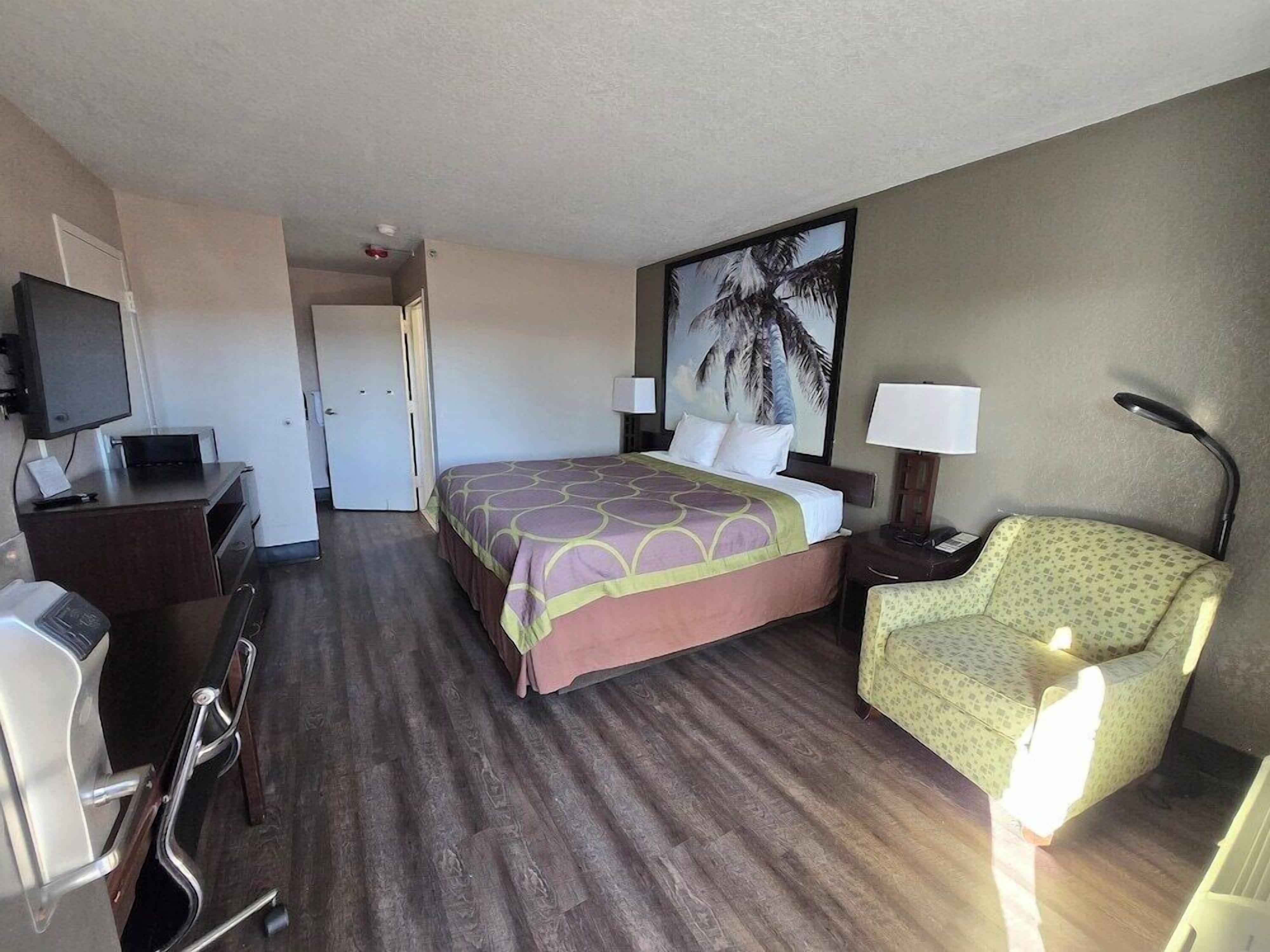 A hotel room with a bed, a desk with a computer, a chair, a TV, and a painting of a palm tree.