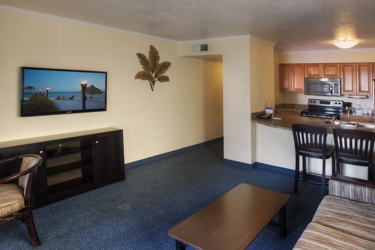 A compact living space with a TV, seating area, and kitchenette.