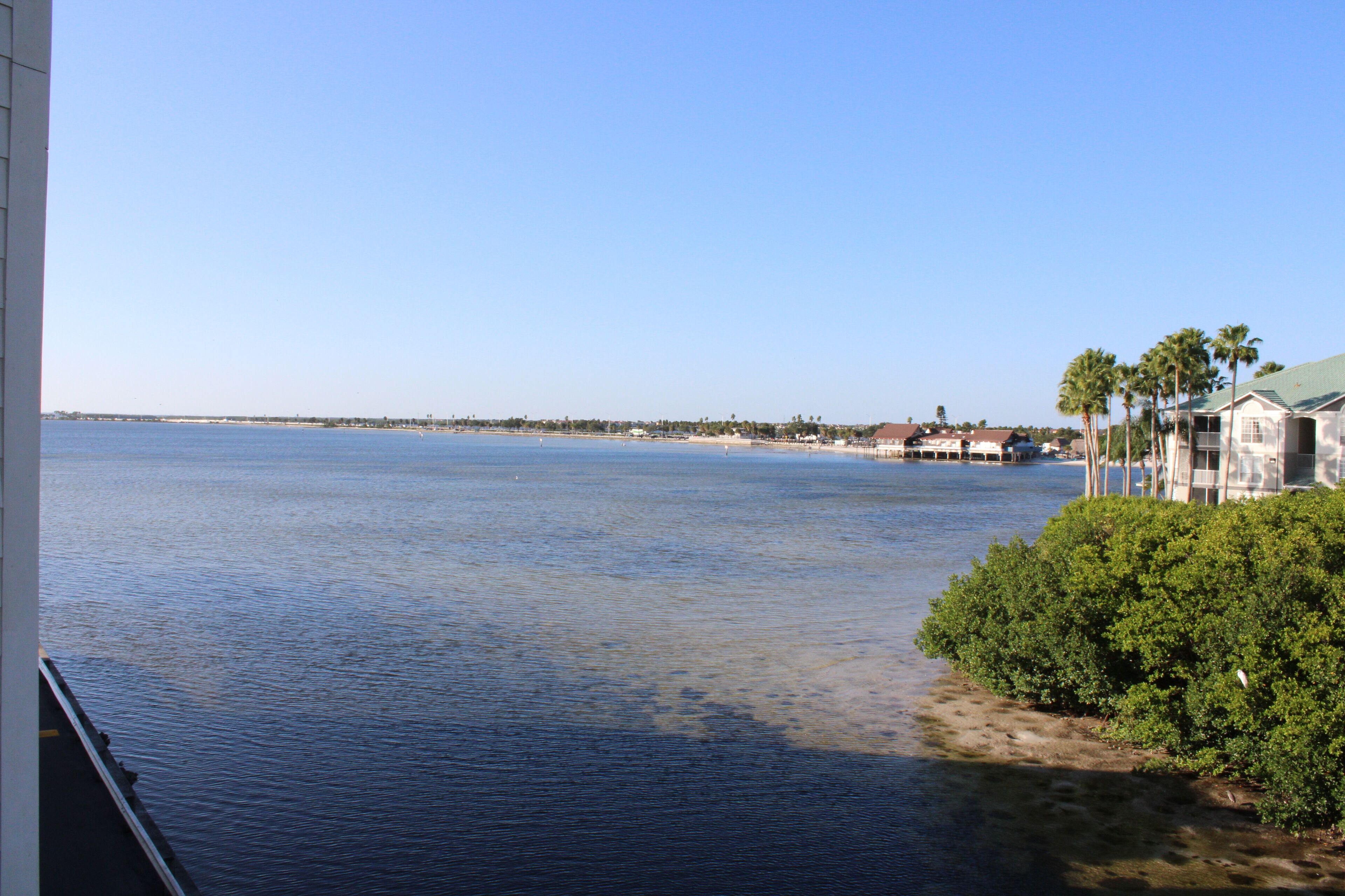 A coastal view with a calm sea, a sandy beach, and a row of houses with a green roof.