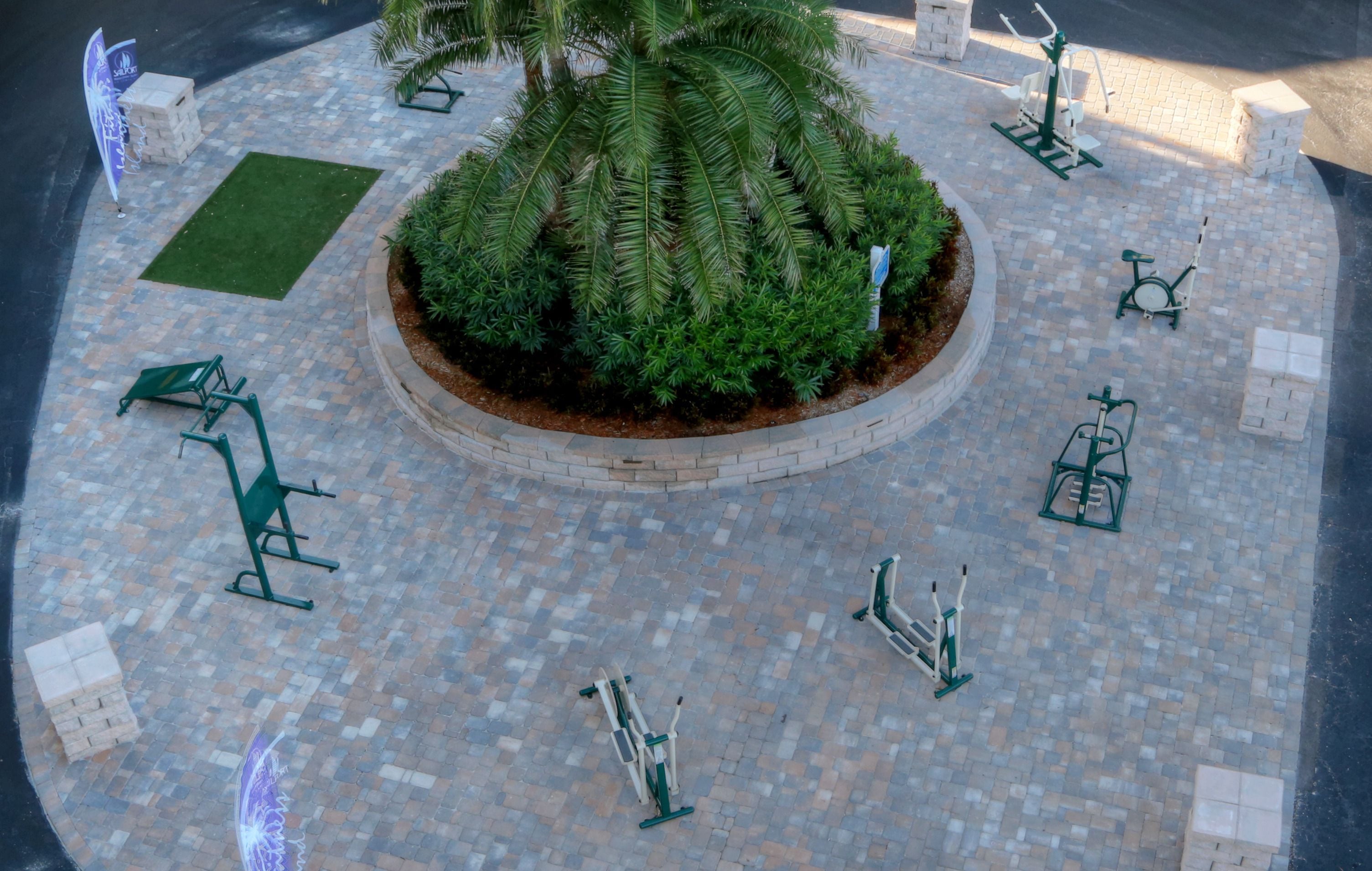 Un espacio al aire libre circular con equipo de ejercicios, una palmera y un sendero pavimentado.