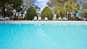 A clear blue pool with lounge chairs and a fenced area with trees. - La Quinta Inn & Suites by Wyndham Tampa Fairgrounds - Casino (Tampa)