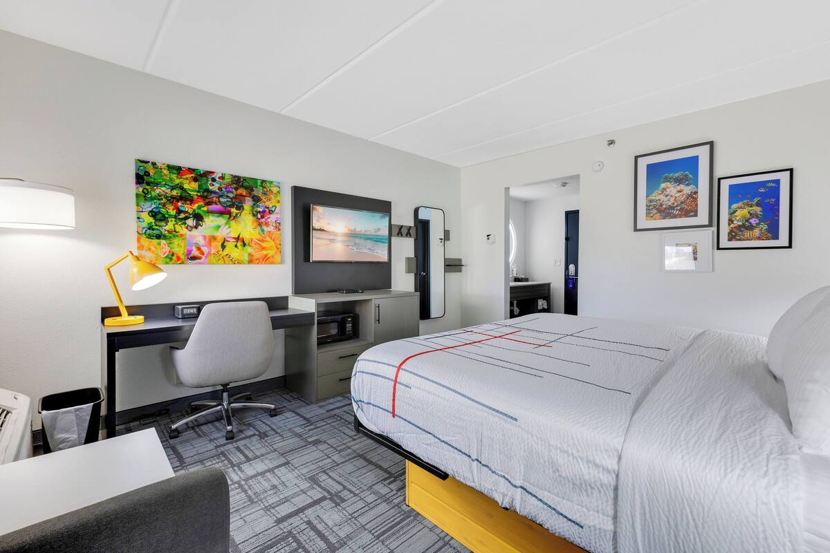 A hotel room with a bed, desk, chair, TV, and artwork on the walls.