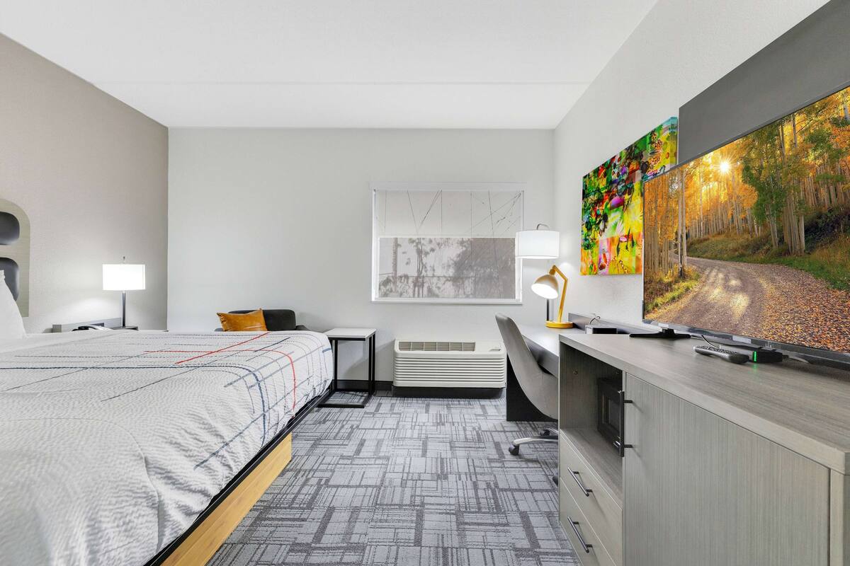A modern hotel room with a large bed, a desk, a chair, a flat-screen TV, and a window with a view of a forest.