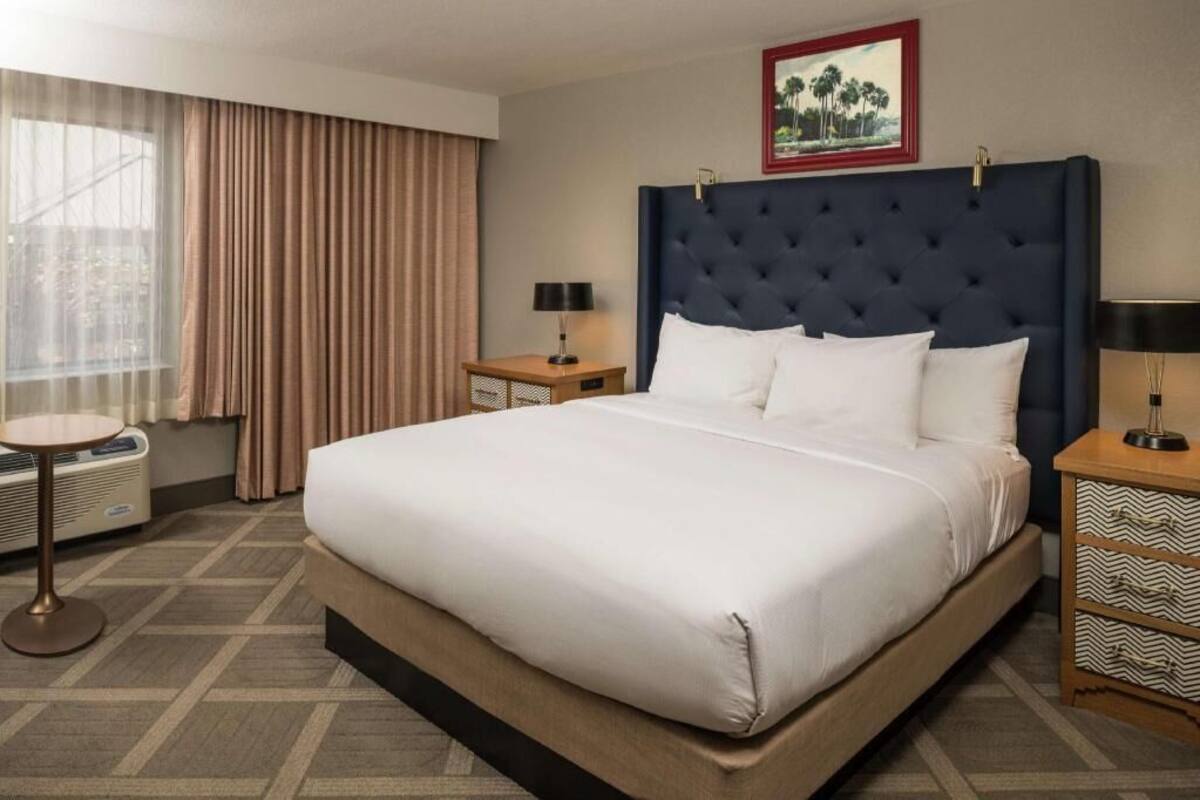 A hotel room with a large bed, a bedside table, a lamp, a small round table, and a window with curtains.
