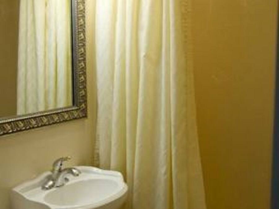A bathroom with a pedestal sink, a mirror with a decorative frame, and a shower curtain.