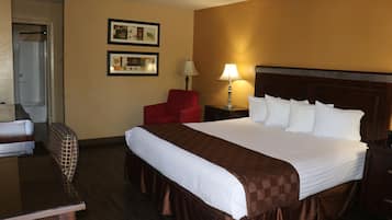 Premium bedding, desk, laptop workspace, blackout curtains