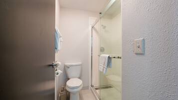 Une salle de bain comprenant des toilettes, une douche à parois de verre et un porte-serviettes.