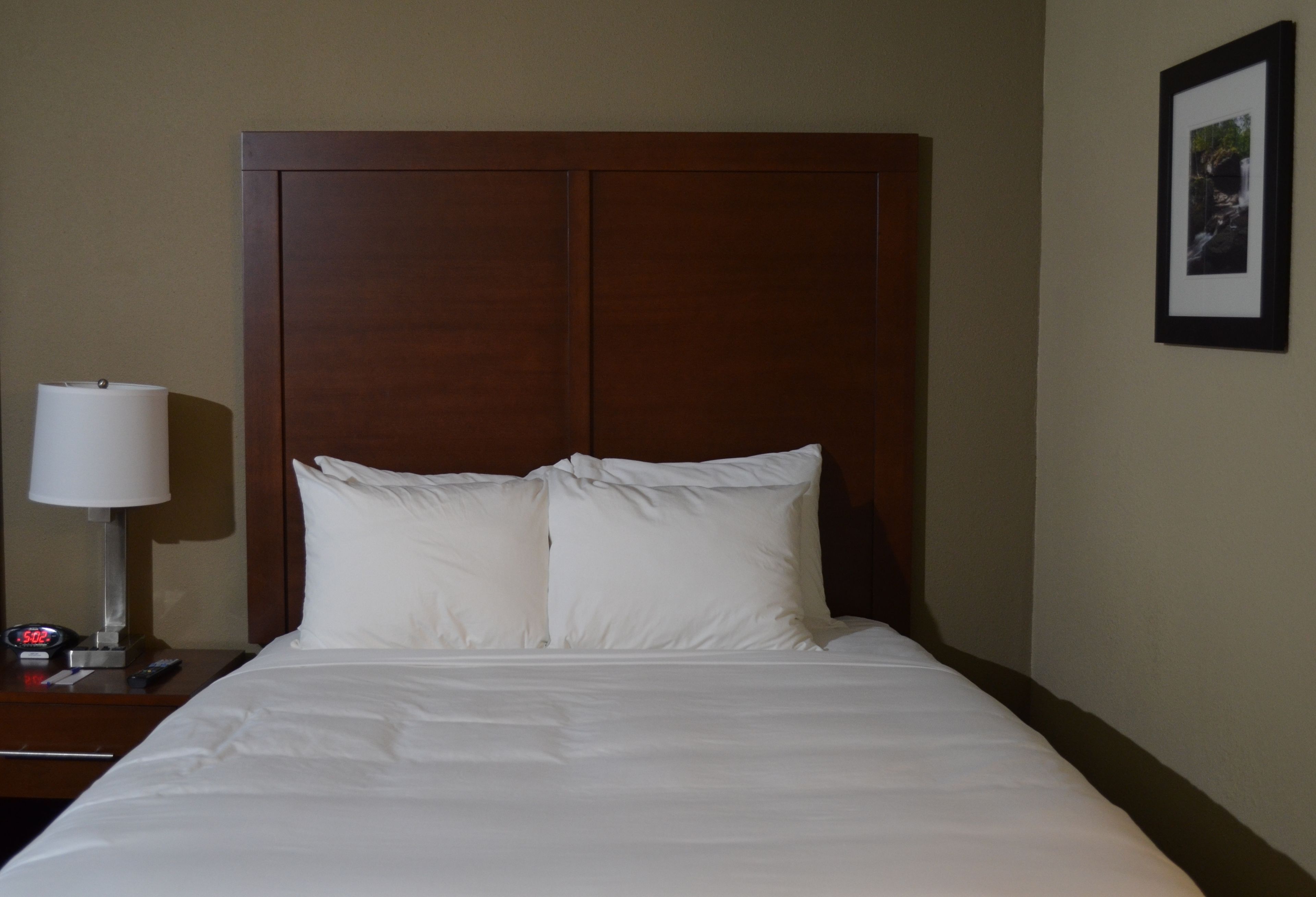 A hotel room with a large bed, white linens, a wooden headboard, a nightstand with a lamp, and a framed picture on the wall.