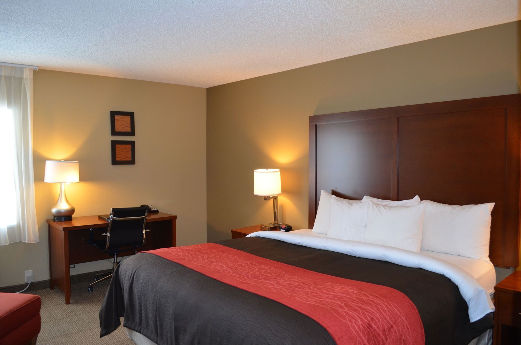 Premium bedding, desk, blackout drapes, iron/ironing board