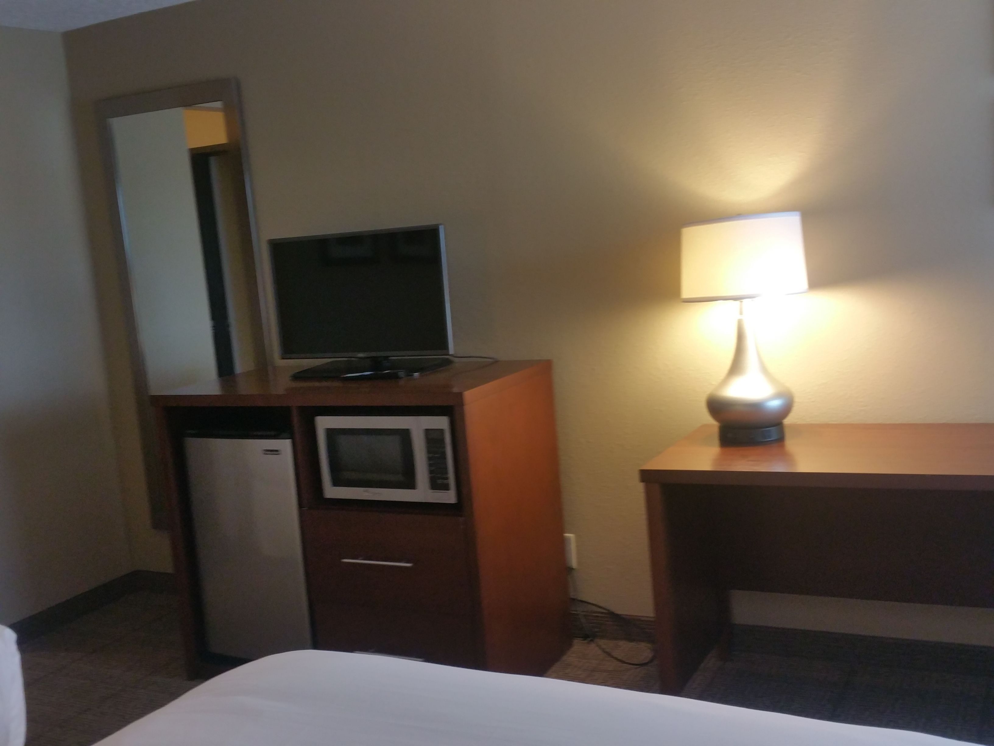 A hotel room with a bed, a desk with a lamp, a microwave, and a television on a cabinet.