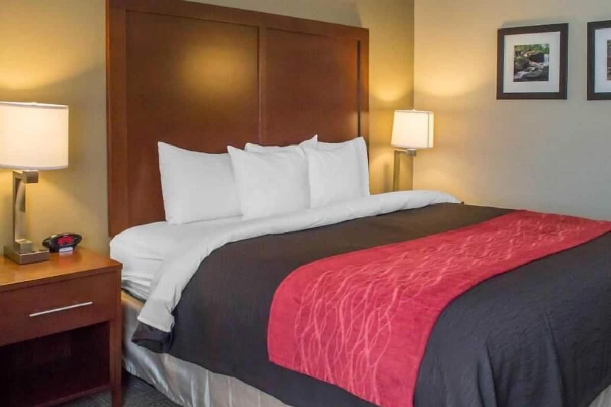 Premium bedding, desk, blackout drapes, iron/ironing board