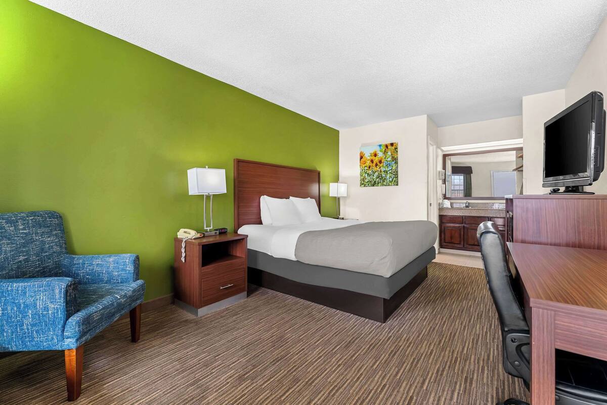 A hotel room with a bed, a desk, a chair, a television, and a painting on the wall.