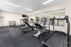 Un gimnasio con cintas de correr, elípticas y un estante de mancuernas.