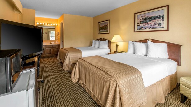 Habitación de hotel con dos camas, televisión, escritorio y espejo.