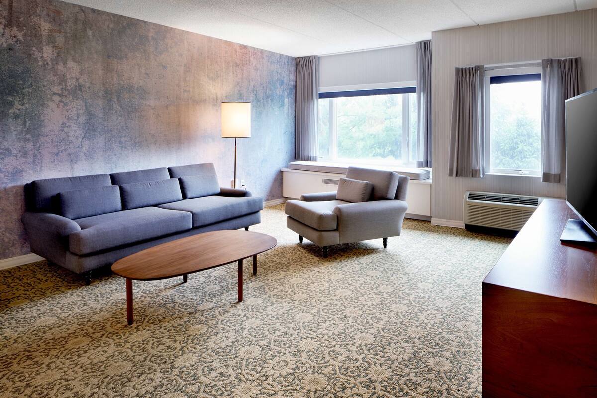 Een moderne woonkamer met een bank, fauteuil en salontafel. Er staat een lamp, een televisie en een raam met gordijnen.
