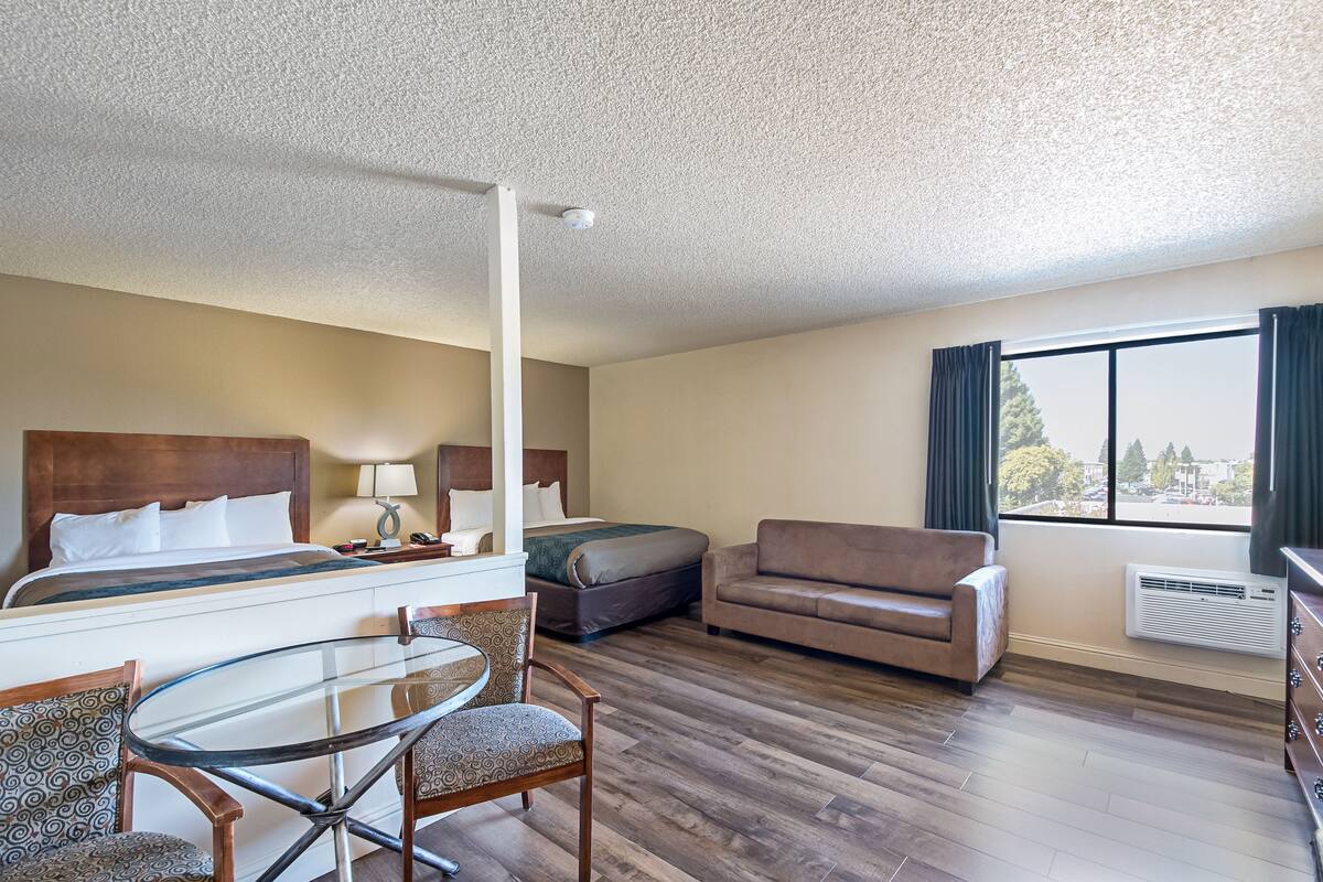 Quarto de hotel com cama, sofá, mesa de vidro e uma cadeira.