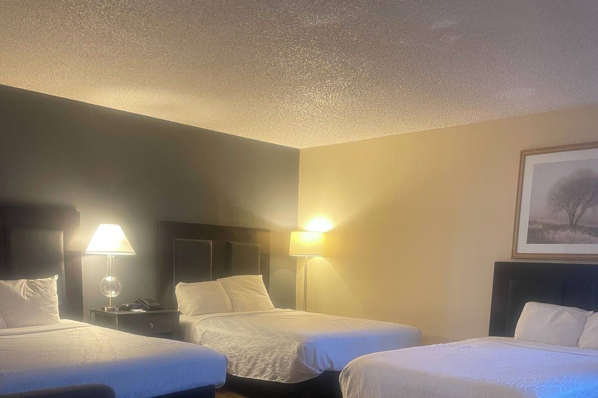 Quarto de hotel com três camas, duas luminárias de cabeceira, um quadro na parede e piso de madeira.