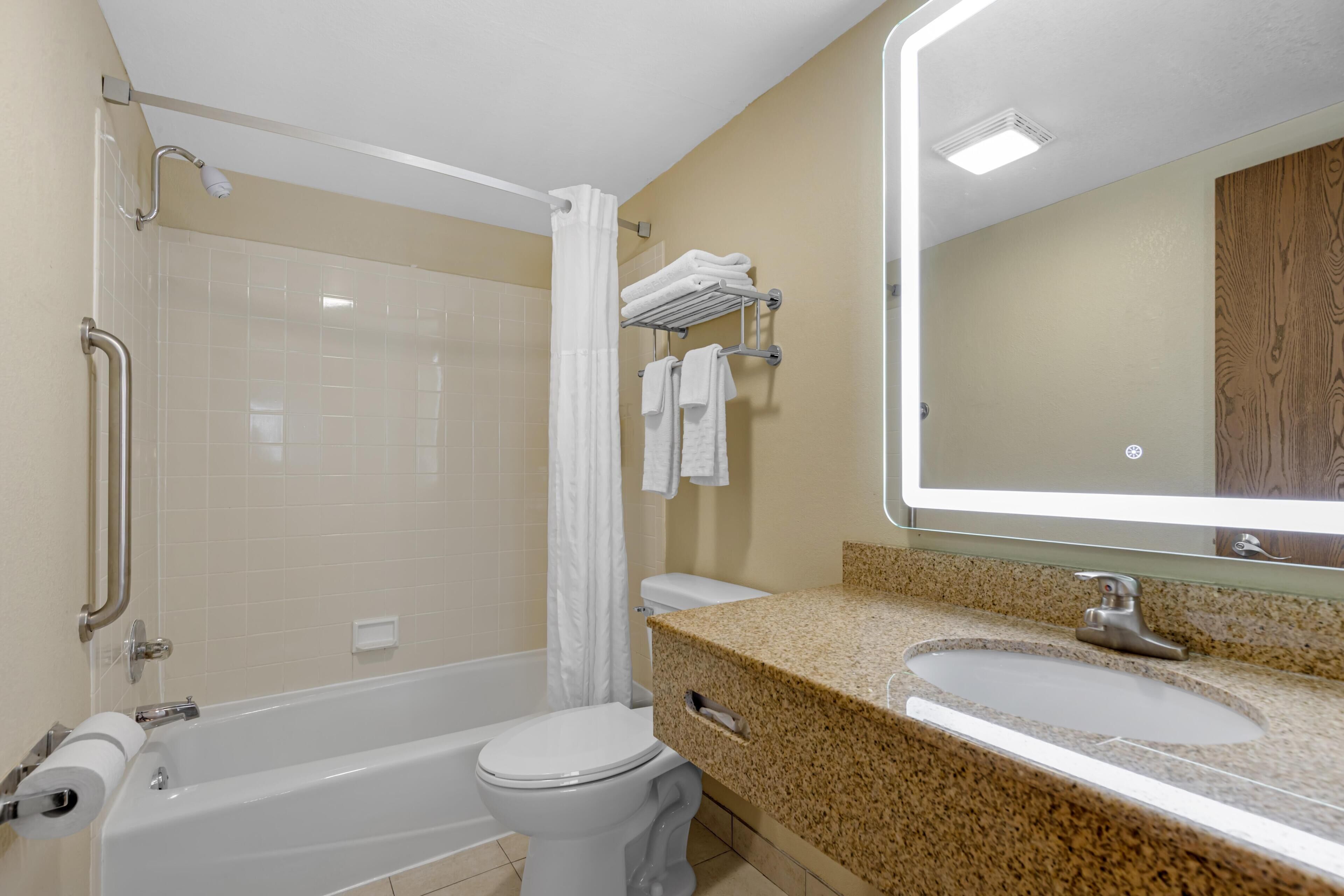 Un bagno con vasca, WC, lavandino e uno specchio grande.