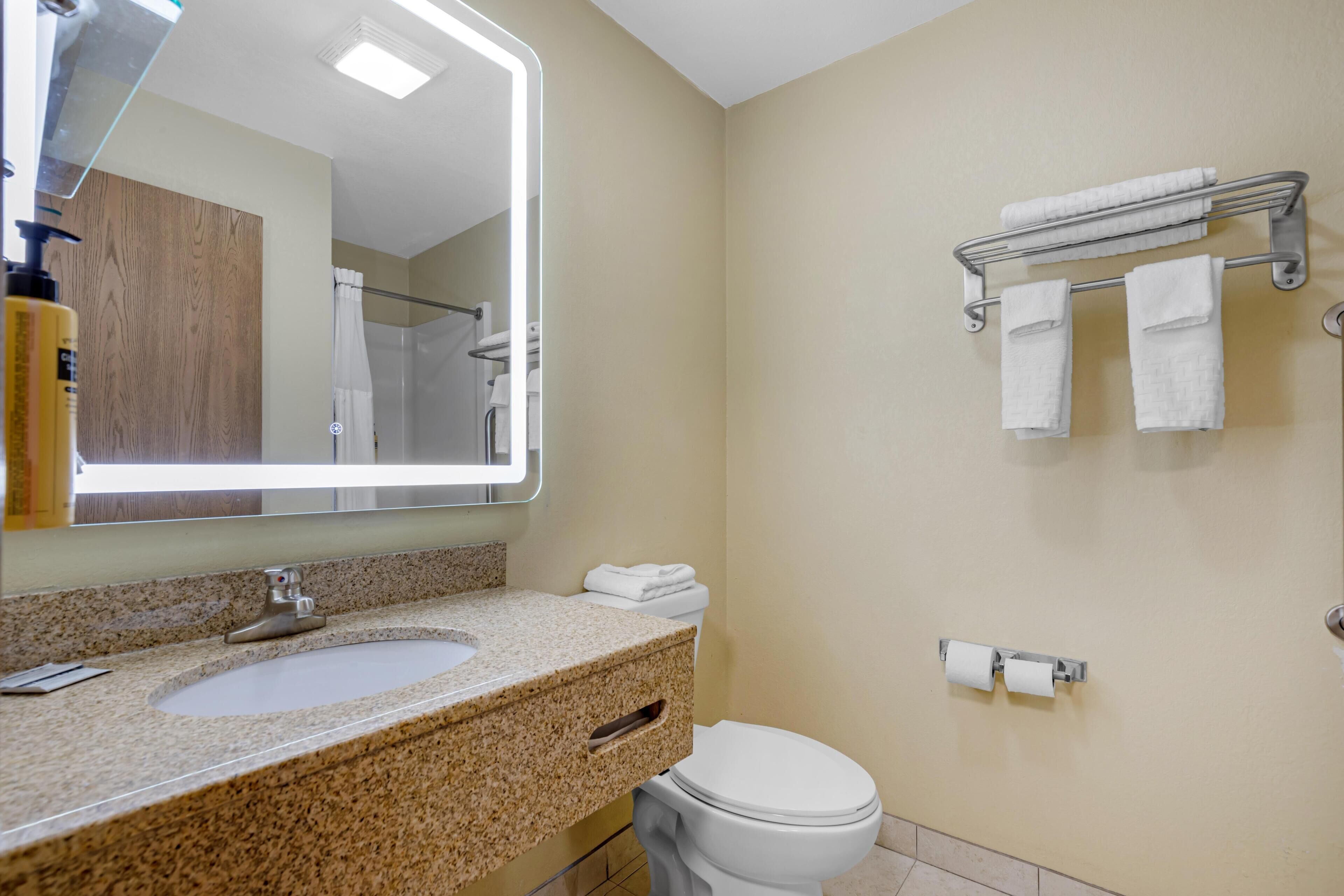 Une salle de bain avec un lavabo surmonté d’un plan de travail en granit, des toilettes, un porte-serviettes et un miroir avec un éclairage intégré.