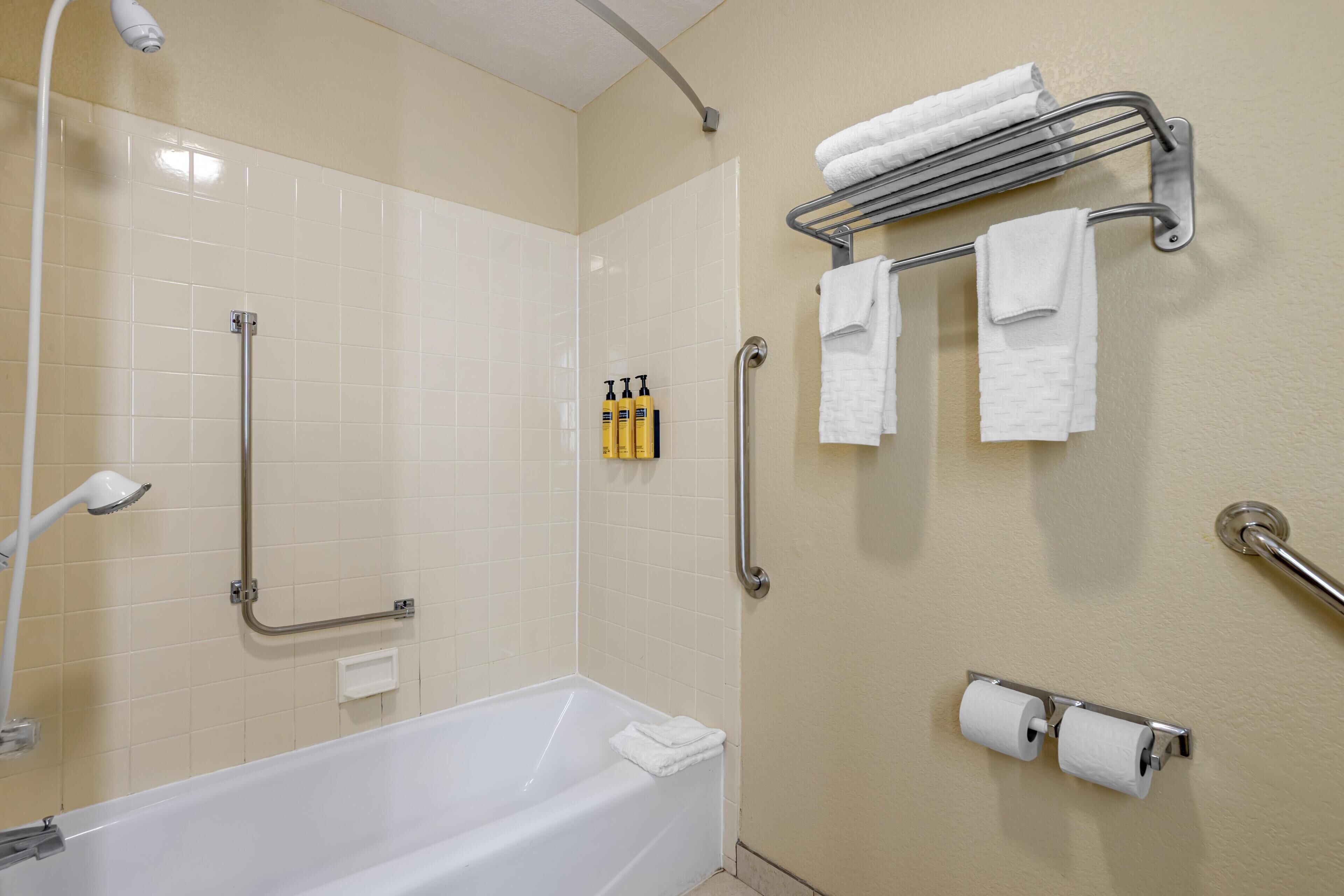 A bathroom with a bathtub, handrails, a towel rack, and a toilet paper holder.