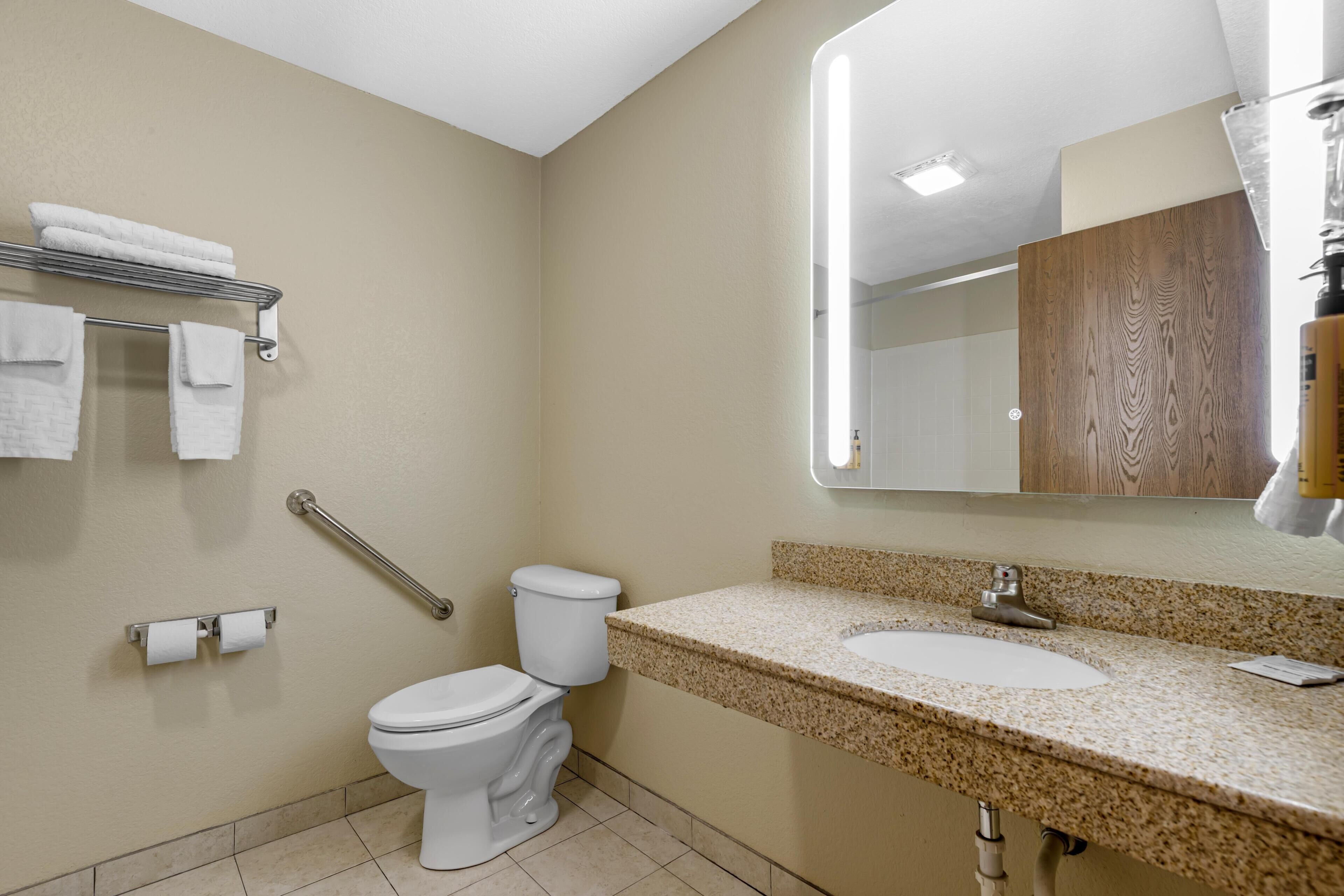 Combined shower/tub, free toiletries, hair dryer, towels