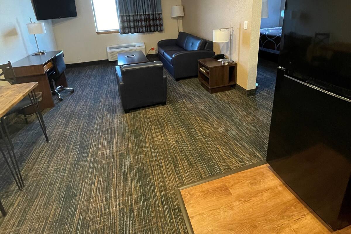 Une chambre d’hôtel équipée d’un canapé, d’un bureau, d’une télévision et d’un réfrigérateur.