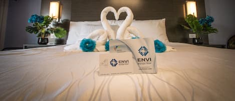 Pillowtop beds, desk, laptop workspace, blackout drapes