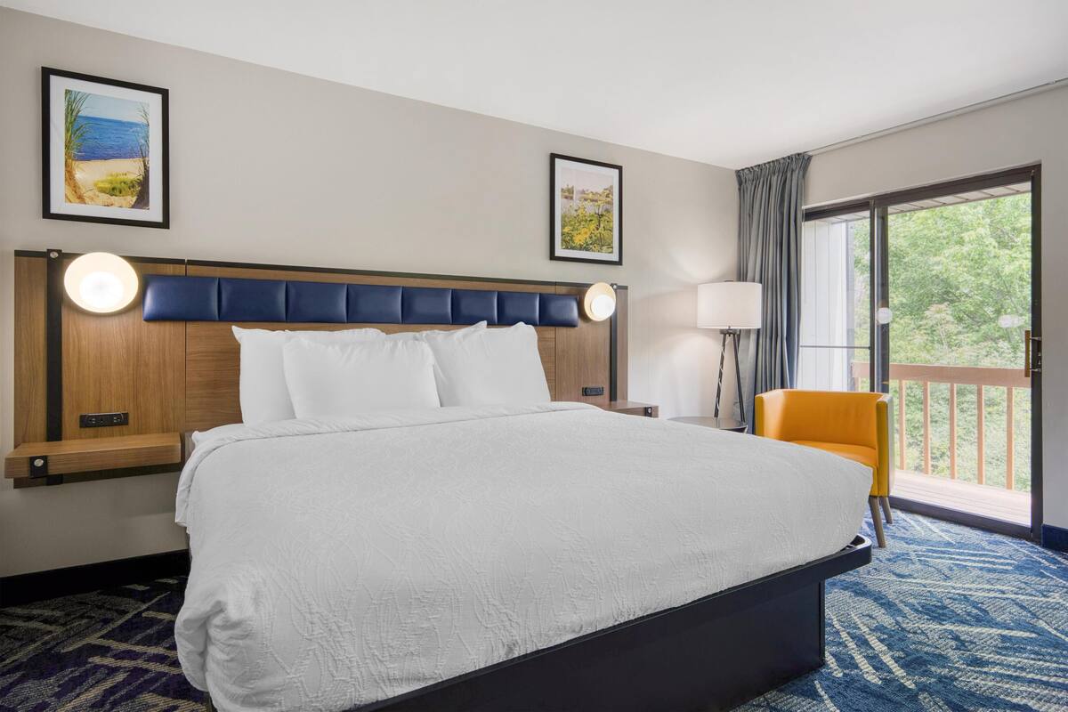 A hotel room with a large bed, a nightstand, a chair, a window with a view, and two framed pictures on the wall.