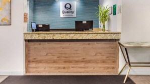 A hotel reception desk with a blue textured wall, a sign reading "Quality by Choice Hotels," two black reception counters, a wooden panel below, and a potted plant to the right.
