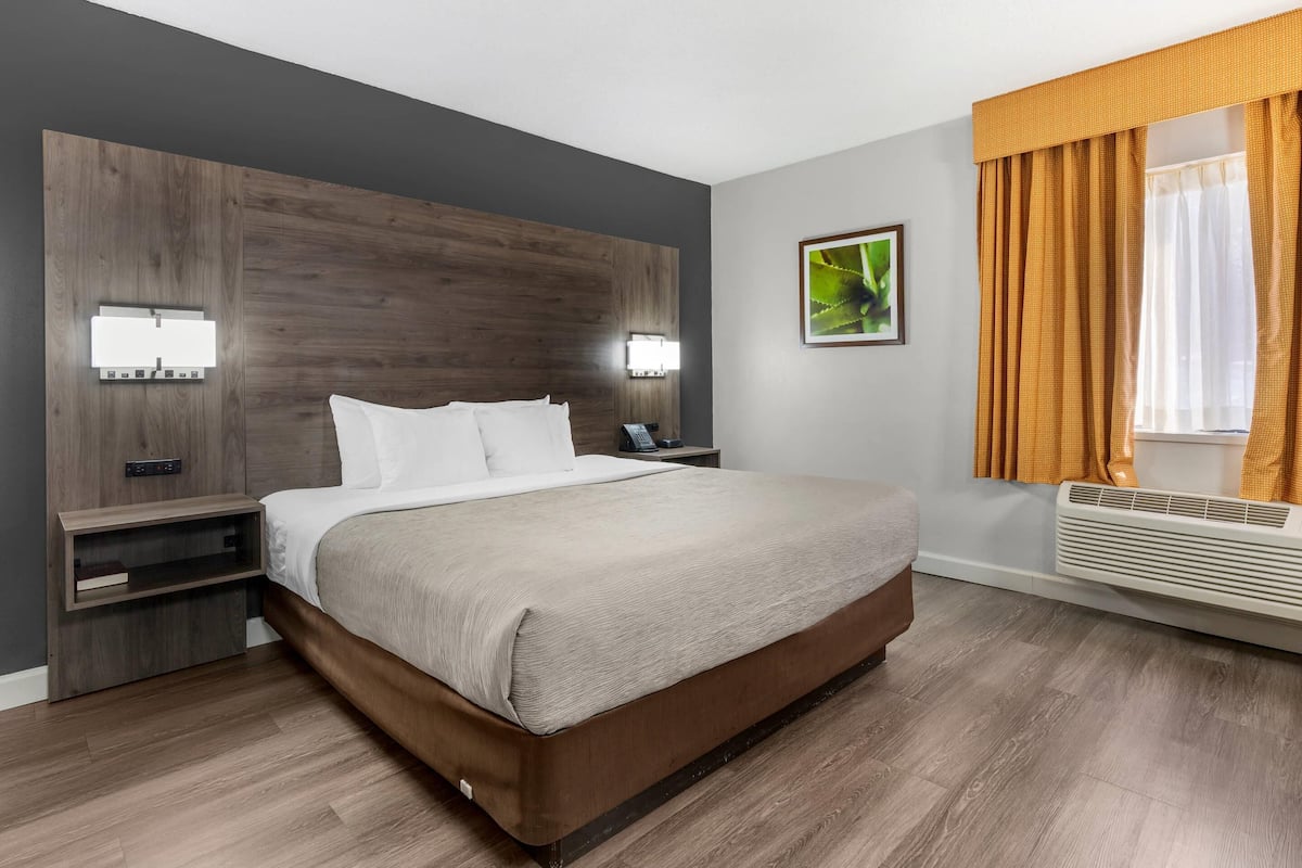 Une chambre d’hôtel moderne avec un grand lit, une tête de lit en bois, des lampes de chevet, une petite table et une fenêtre avec des rideaux.