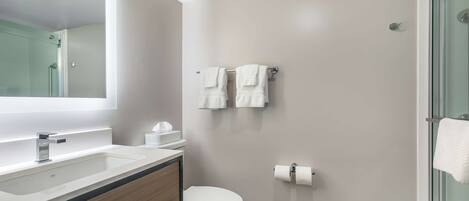A modern bathroom with a glass shower enclosure, a white sink, and a toilet.